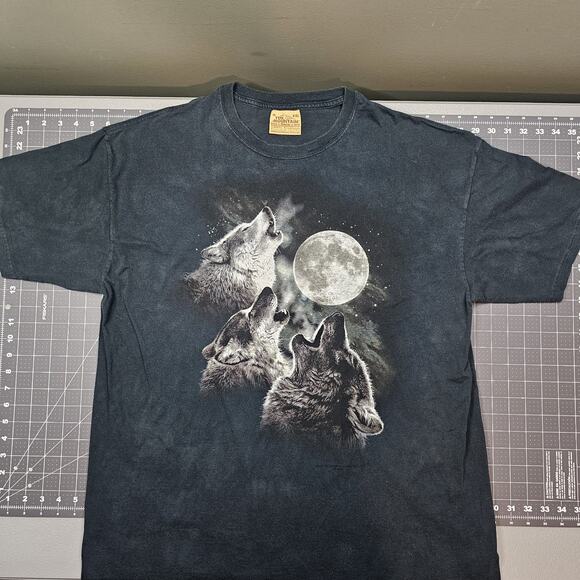 Vintage The Mountain Wolf Tshirt XXL Black Tie Dye Y2K Nature Moon Native 90s - Picture 1 of 9